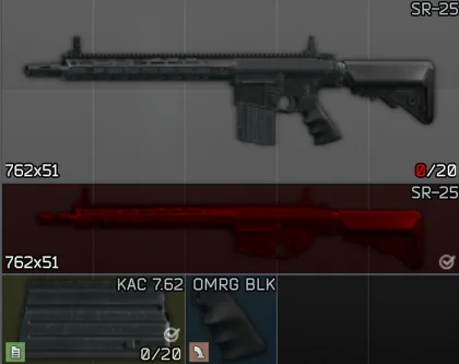 Escape from Tarkov'da SR-25 tüfeğinin normal hali ile kabza ve şarjörü çıkarıldıktan sonraki stash görünümünün karşılaştırması.